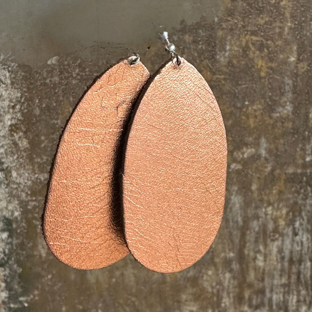 Large Metallic Rose Gold Leather Teardrop Earrings